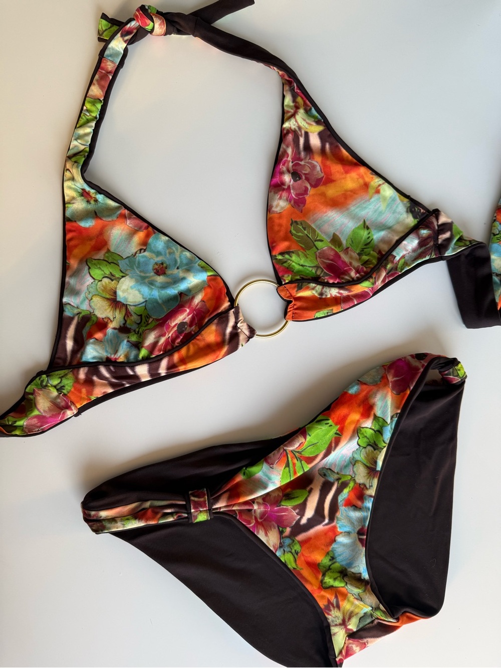 Becca Reversible Floral Bikini Set Brown Ring Halter Swimsuit Size Large